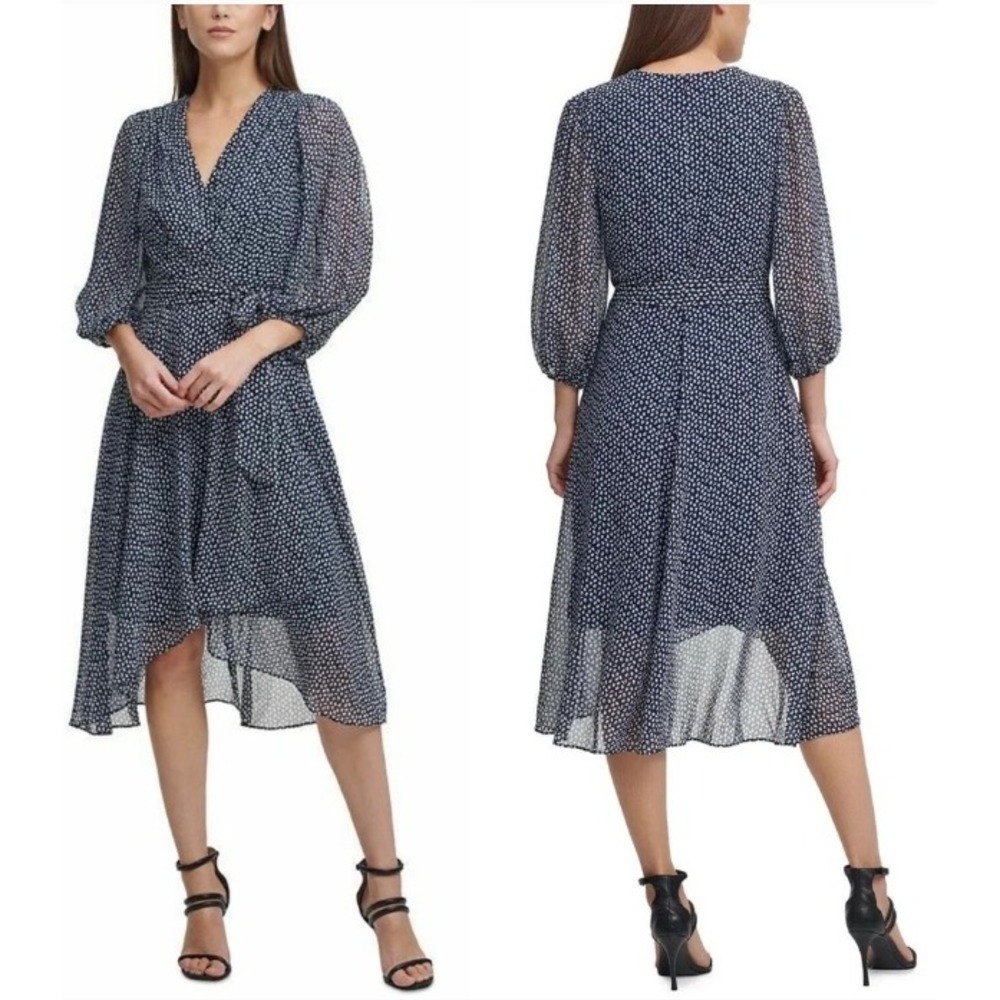 DKNY Blue & White V-Neck Midi Dress 10 Balloon Sleeves Surplice Faux Wrap